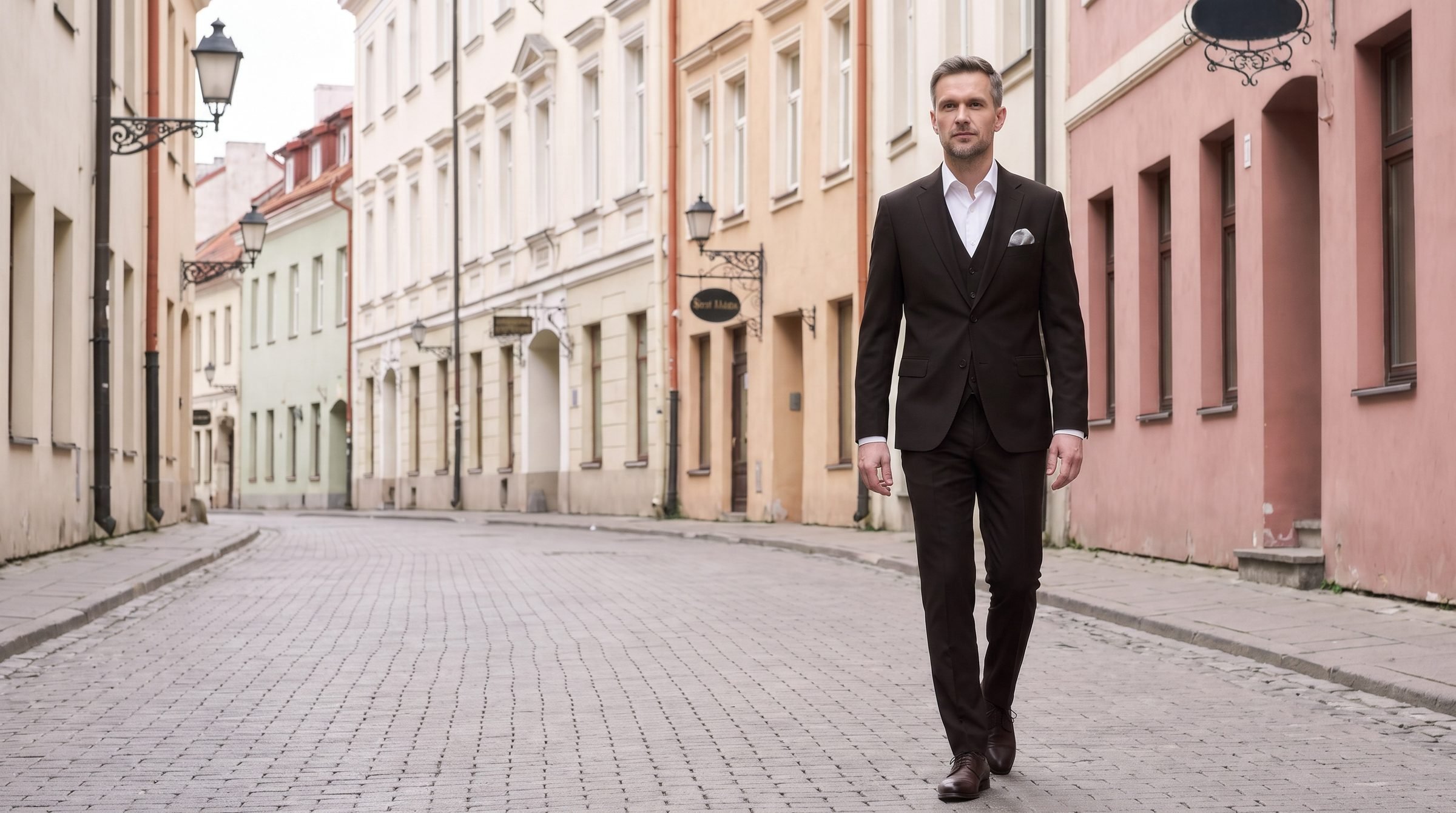 Vyras tamsiai rudu trijų dalių Sunset Fashion Men kostiumu senamiesčio gatvėje