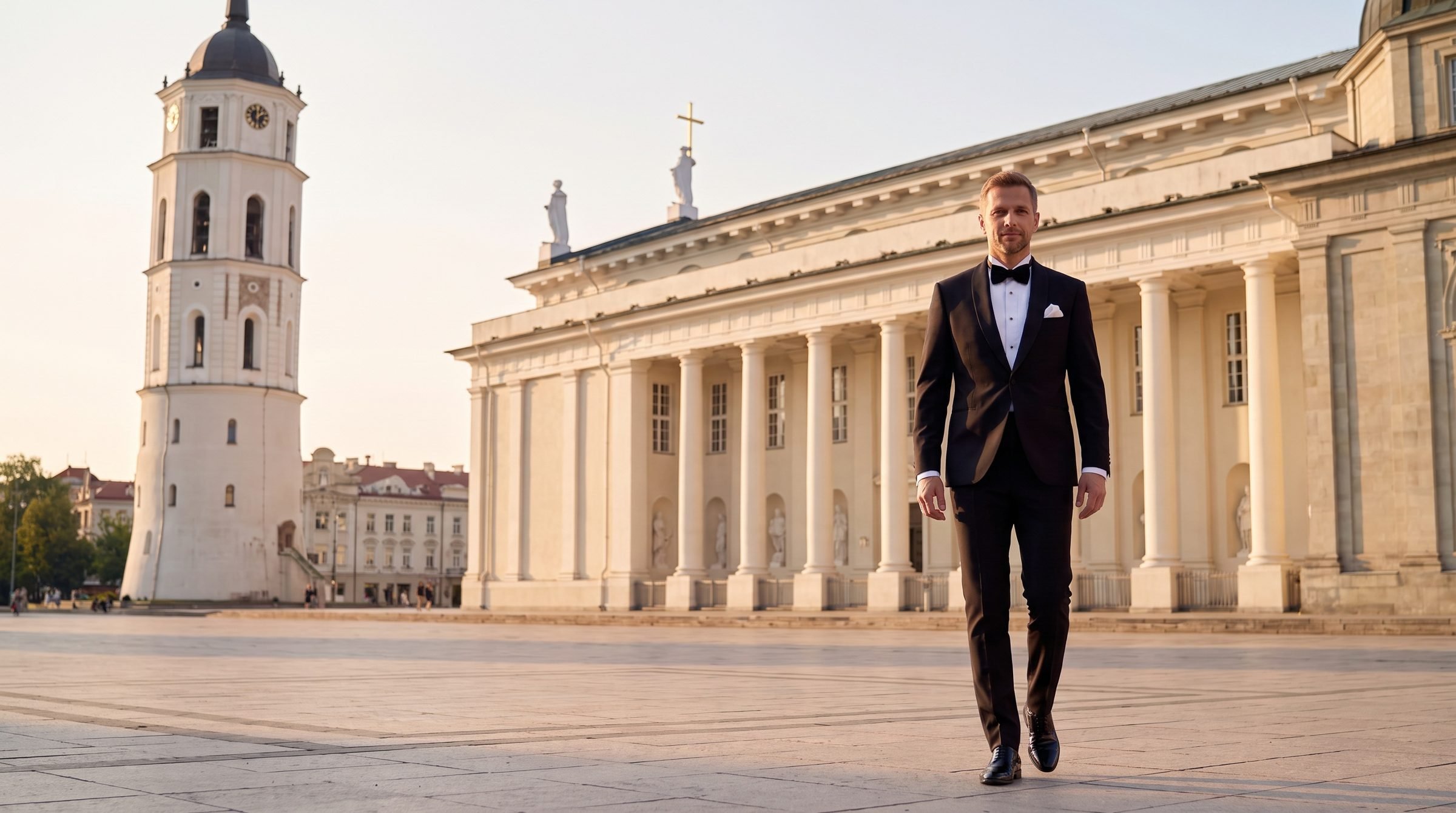 Vyras juodu Sunset Fashion Men smokingu su peteliške miesto aikštėje