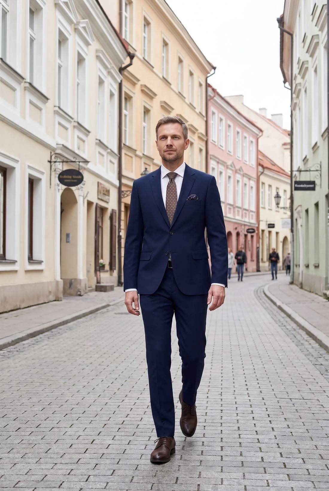 Vyras su tamsiai mėlynu Sunset Fashion Men kostiumu Vilniaus senamiestyje
